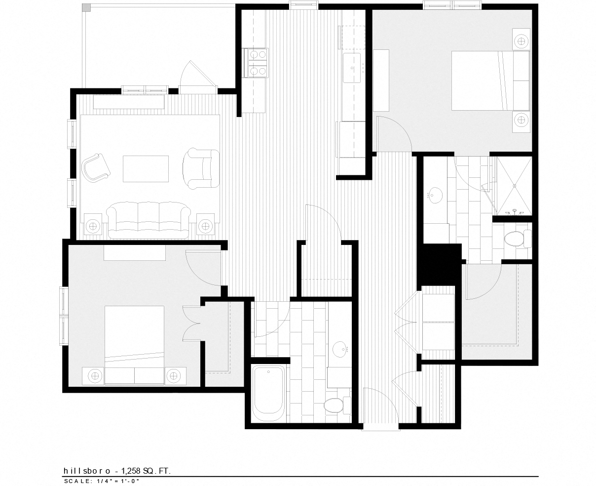 Floor plan for 2 beds, 2 baths, 1258 sqft